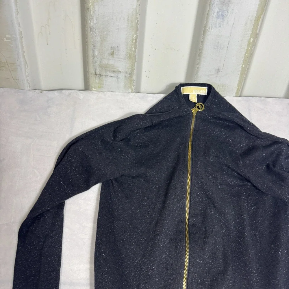 Michael Kors Womens Sweater Black Shimmer‎ Knit Full-Zip Cardigan Long Sleeve S